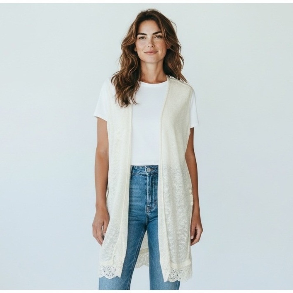 Sleep Sense Womens Kimono Robe M Ivory Mesh Duster Cape CoverUp Sleepwear Lounge